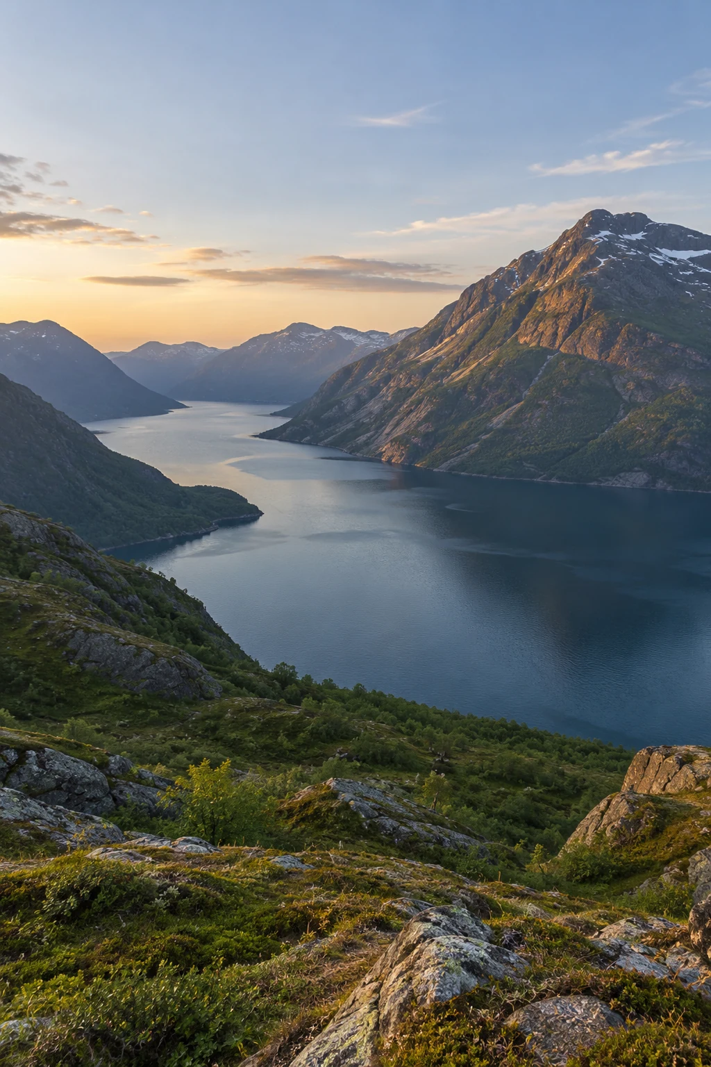 Weathered mountains and green slopes surrounding a blue fjord in soft evening light